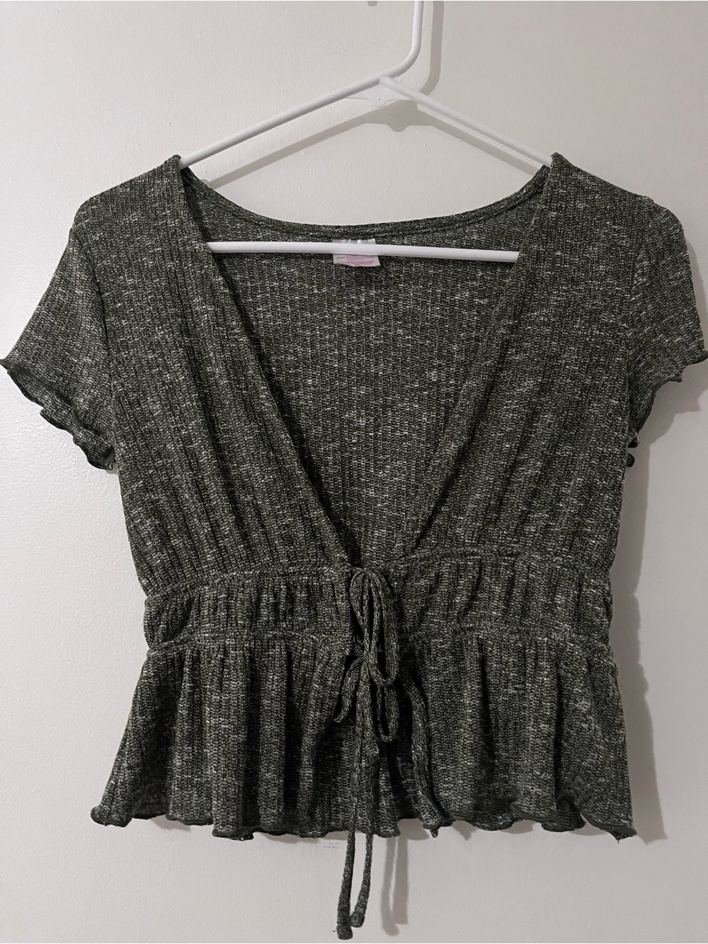 Ribbed Tie-Front Peplum Top - Dark Heather Gray